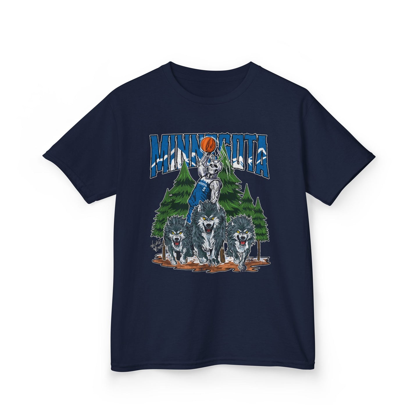 MINNESOTA Basketball Kids Heavy Cotton Tee, NBA Fan Tee, TIMBERWOLVES Basketball Team Shirt, Skeleton Tshirt, Sports Gift, Wicked Weaves
